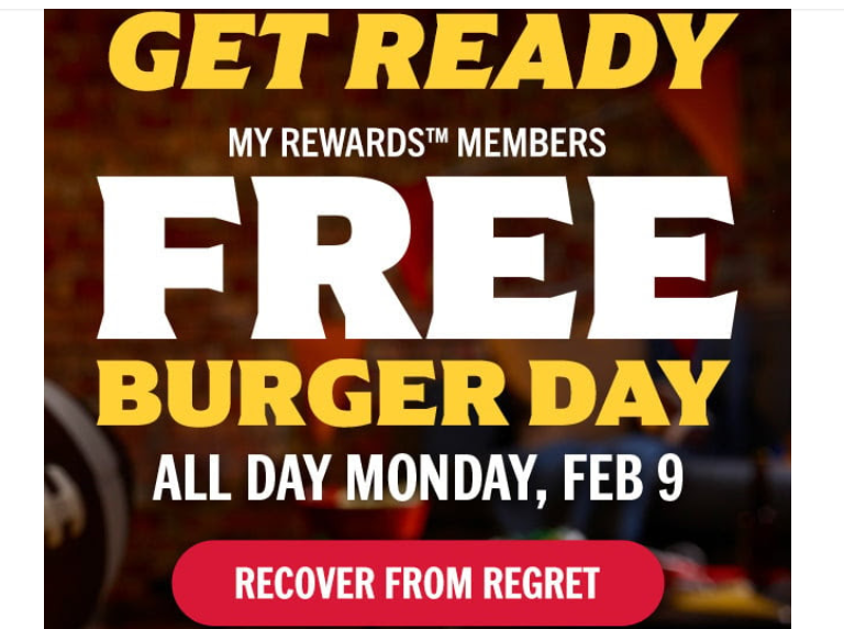 Carls Jr. Coupon - FREE Hangover Burger to all guests on February 9, no purchase necessary
Must download the Carl’s Jr. app and create a My Rewards account (free to download and join) for the free burger. Order on Feb 9th.
At participating locations.