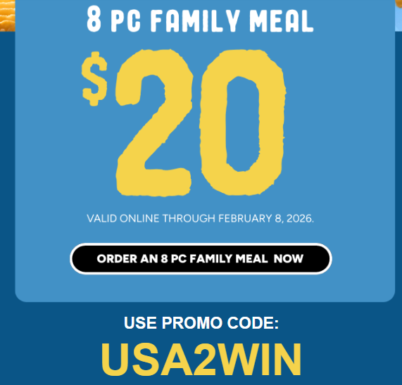 Long John Silver's Coupon - 8Pc Family Meal $20 
Promo code USA2WIN
Online only
At participating locations.