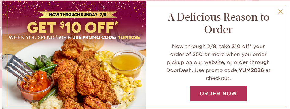 Cheesecake Factory Coupon - Get $10 off your next order of $50 or more  when you order pickup on the Cheesecake Factory website or order through DoorDash. 
 Use promo code YUM2026 at checkout.

At participating locations.