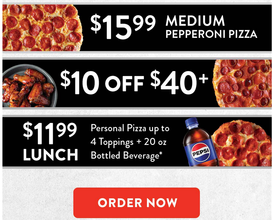 Round Table Pizza Coupon - $15.99 Medium Pepperoni Pizza
or
$10 off $10
or
$11.99 Lunch Personal Pizza, up to 4 Toppings and a 20oz bottle beverage
At participating locations.