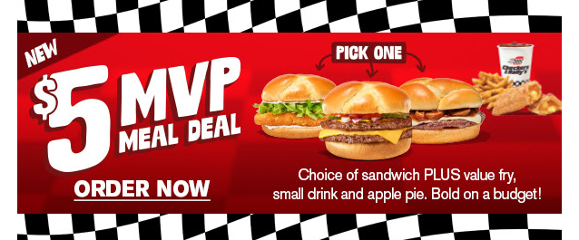 Checkers & Rally's Coupon - $5 MVP Meal Deal with sandwich, value fries, a small soft drink, and a deep-fried Cinnamon Apple Pie.
Offer available for Checker/Rally's Reward program members (free to join) in the Checker/Rally's app
At participating locations.