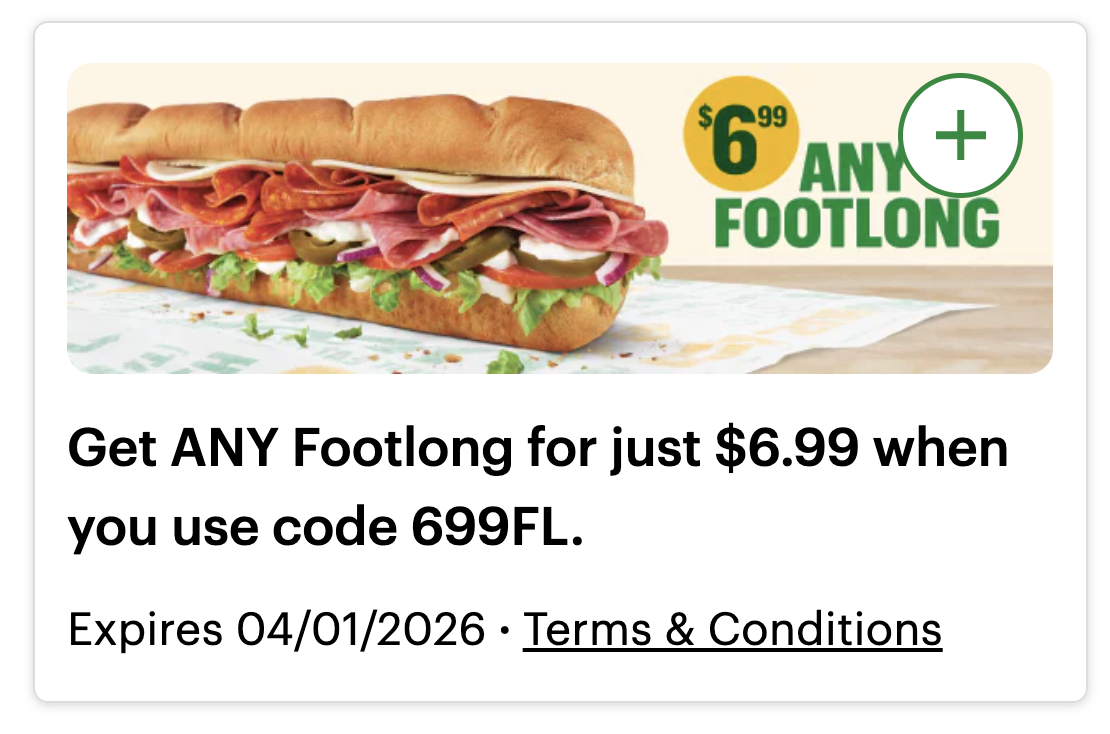 Subway Coupon - $6.99 any footlong using code: 699FL
Must be a Subclub Member (free to join)
Check My Rewards after logging in
At participating locations.