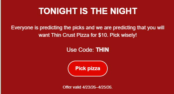 Casey's Coupon - Thursday Thin Crust Pizza for $10
Use Code: THIN

At participating locations.