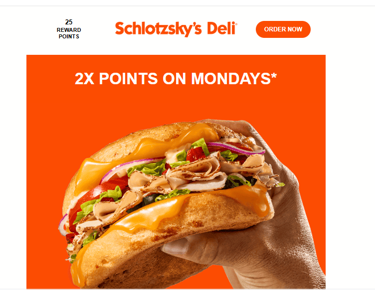 Schlotzsky's Coupon - 2x Points on Mondays for Rewards members. (Free to join)
At participating locations.