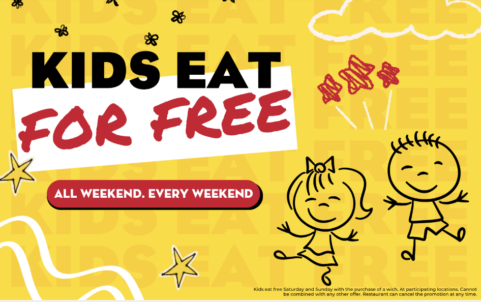 Which Wich Coupon - Kids Eat Free with purchase of a wich.
All weekend
Use code KIDSEATFREE
At participating locations.