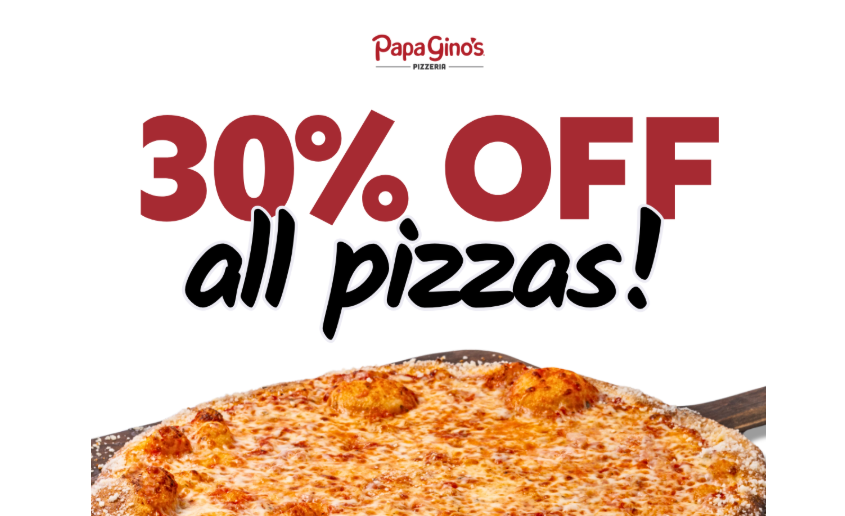 Papa Gino's Coupon - 30% OFF all pizzas
Use code 8921
At participating locations