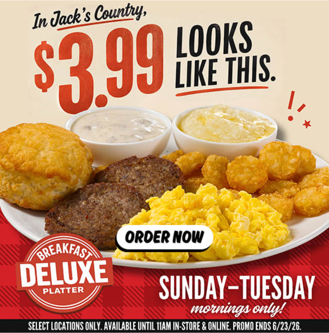 Jack's Coupon - $3.99 Breakfast Deluxe - Red Hot Deals for Rewards members. (Free to join) Sunday, Monday, Tuesday mornings only