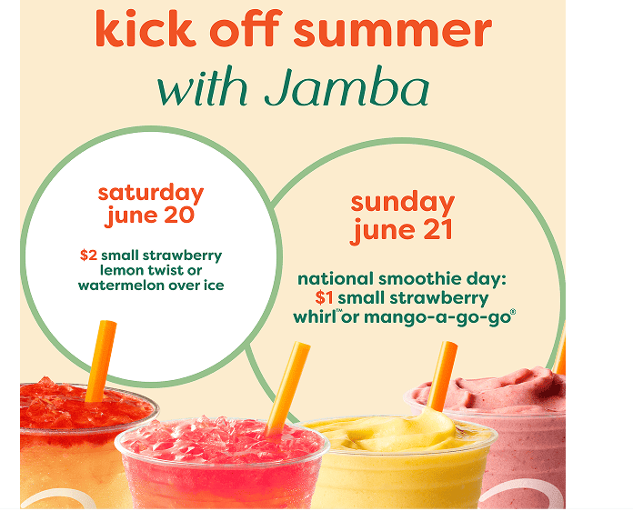 Jamba Juice Coupon - Weekend Deals
Saturday June 20th: $2 Small Strawberry Watermelon over ice
Sunday June 21nd: National Smoothie Day: $1 Small Strawberry whirl Mango a-go-go
At participating locations.