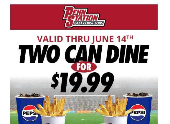 Penn Station East Coast Subs Coupon - Two can dine for $19.99
Online/App: Enter promo code PS1999 at checkout
At participating locations.