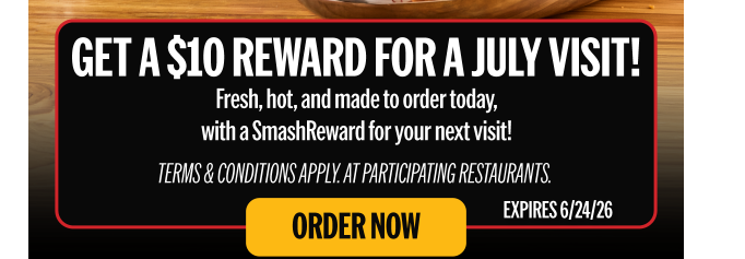 Smashburger Coupon - Spend $20 and get $10 back for a July visit
Smashrewards (free to join) members

At participating locations.