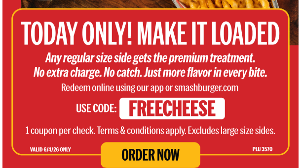 Smashburger Coupon - Any regular size for free for code: FREECHEESE
Must be a rewards member (free to join)

At participating locations.