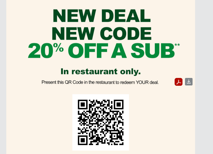 Subway Coupon - New Deal New Code!
20% off a Sub
In Restaurant Only
Must be a Subclub Member (free to join)
Check My Rewards after logging in
At participating locations.
At participating locations.