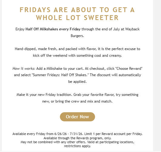 Wayback Burgers Coupon - Enjoy half-off milkshakes every Friday through the end of July at Wayback Burgers.

At participating locations