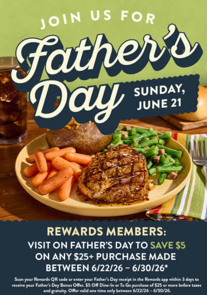 Golden Corral Coupon - Visit Father's Day to Save $5 off $25 on any purchase made 6/22-30 for Rewards members. (Free to join)