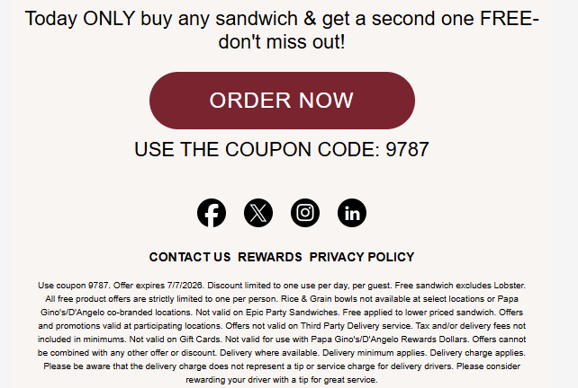 D'angelo Coupon - Today ONLY buy any sandwich & get a second one FREE
USE THE COUPON CODE: 9787
At participating locations.