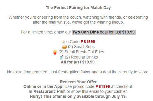 Penn Station East Coast Subs Coupon - Two Can Dine deal for just $19.99.
Use Code PS1999
ð„ÂȘ (2) Small Subs
ð (2) Small Fresh-Cut Fries
ð„€ (2) Regular Drinks
All for just $19.99
At participating locations.