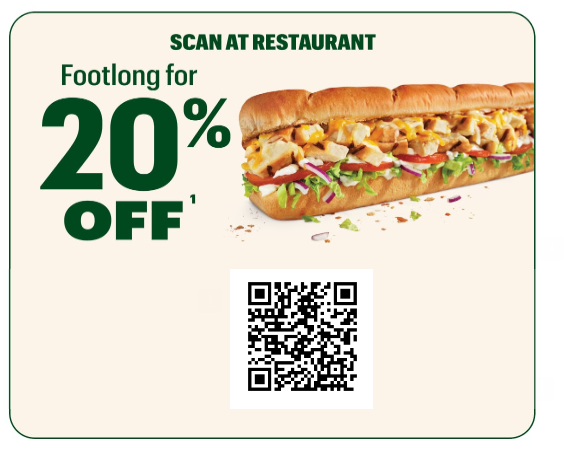 Subway Coupon - Reward Member Deals
Footlong 20% off
Scan at Restaurant 
Must be a Subclub Member (free to join)
Check My Rewards after logging in
At participating locations.

At participating locations.