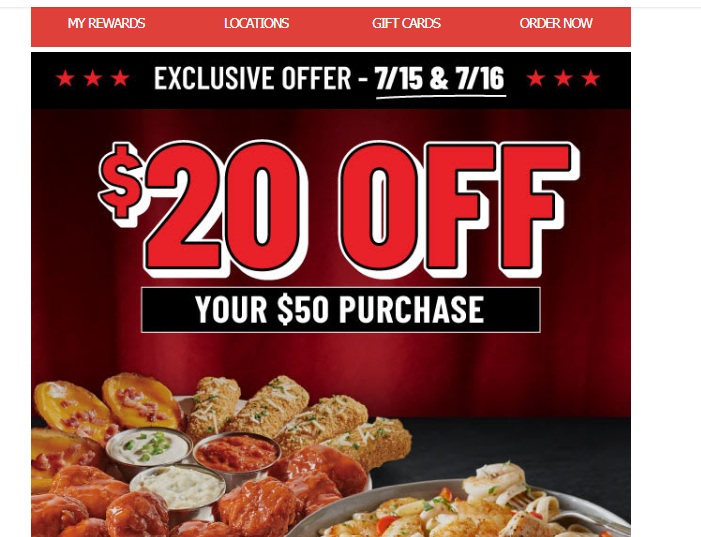 TGI Fridays Coupon - $20 Off your $50 Purchase
Fridays Rewards members (free to join) can get $20 off when you spend $50, dine-in only July 15 & 16

At participating locations.