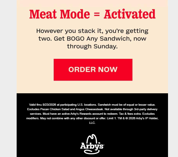 Arbys Coupon - BOGO Sandwich
Now through Sunday
For Arby's Rewards today (free to join).
Login - Click Deals in the Arby's App (free to download)
At participating locations.