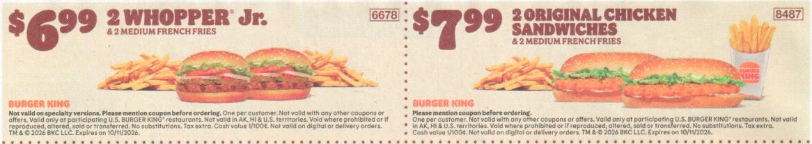 Burger King Coupon - $7.99 2 Original Chicken Sandwiches & 2 Medium French Fries with Coupon Code: 8487
At participating locations.