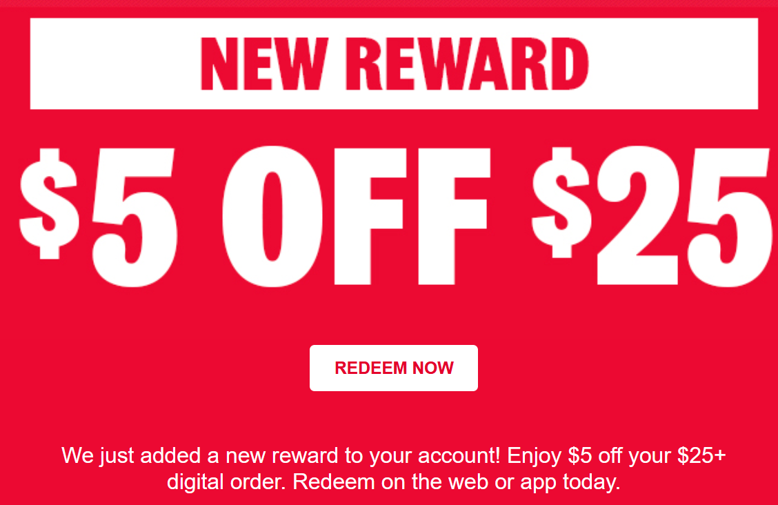 Jimmy Johns Coupon - $5 off $25+ order placed online or in the app for Rewards members. (Free to join)
Check it out in your JJ Rewards™ account.
At participating locations.
