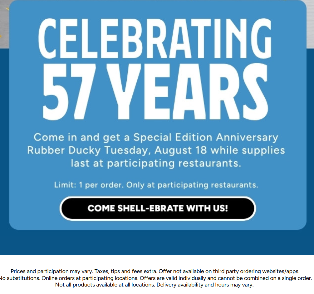 Long John Silver's Coupon - 8/18/26: Special Edition Rubber Ducky Tuesday
At participating locations