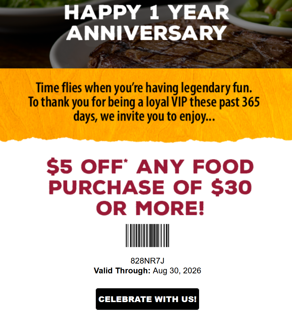 Texas Roadhouse Coupon - $5 off $30+ purchase
