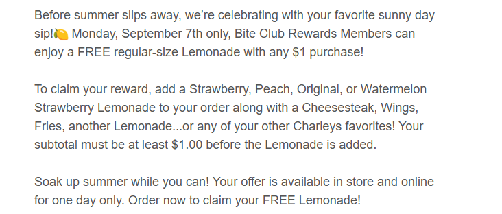 Charleys Philly Steaks Coupon - FREE regular-size Lemonade with any $1 purchase!
Today only
Must be a Rewards Member (free to join)
At participating locations.