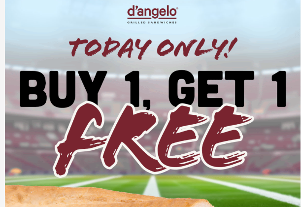 D'angelo Coupon - Buy 1 Get 1 Free of your favorite sandwiches
Today Only!
Use code 9955
At participating locations.