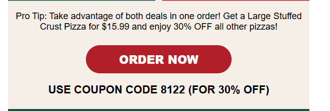 Papa Gino's Coupon - 30% OFF every full-price pizza on the menu Code: 8122
At participating locations. Not valid on stuffed crust