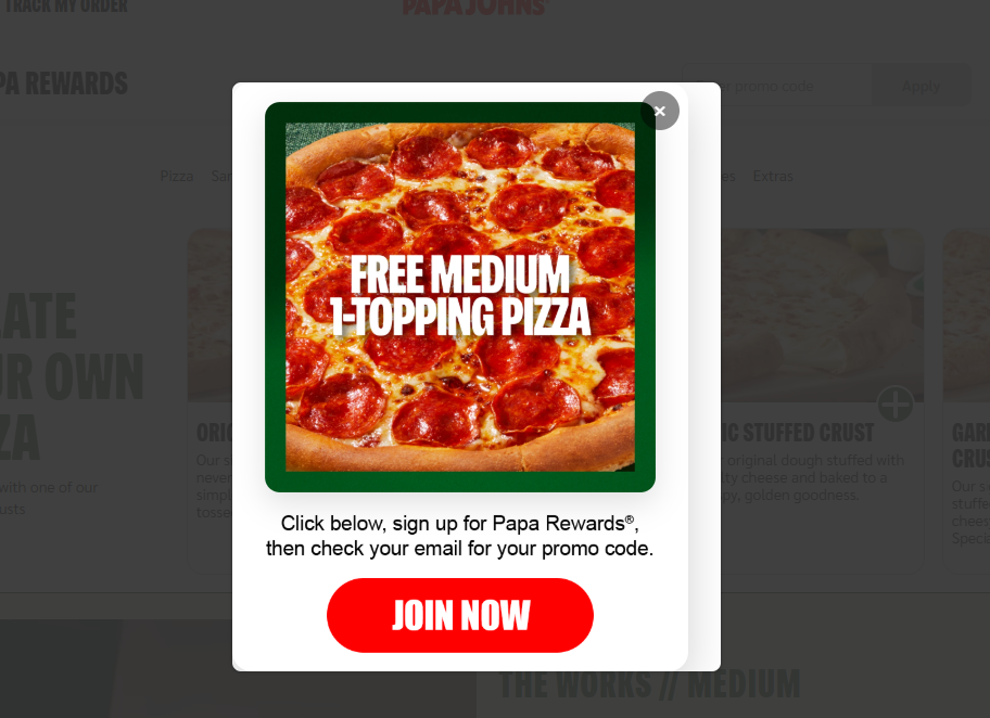 Papa Johns Pizza Coupon - MVP Member Mondays Free Rewards
Log in to your Papa Rewards account and make your play to reveal your weekly deal
ð FREE Medium 1-Topping Pizza - Today
ð FREE Cheesesticks 
ð FREE 6pc Wings 
ð FREE Brownie 
Reveal your deal, then keep an eye on your inbox for a separate email with your reward promo code. Use your code at checkout by Sunday
At participating locations.