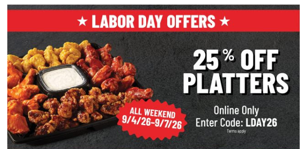 TGI Fridays Coupon - 25% Off Platters on Select Platters
Use code LDAY26 during online checkout
At participating locations.