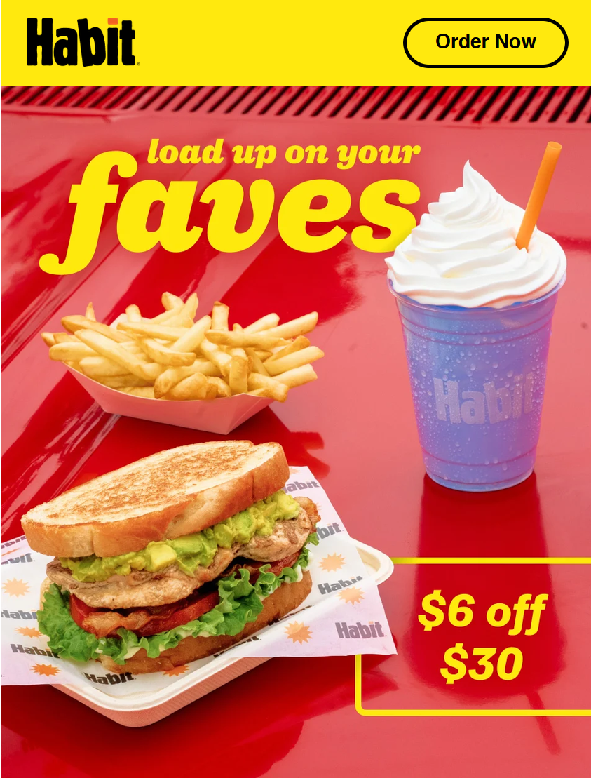 The Habit Burger Grill Coupon - $6 off $30 for Rewards members. (Free to join)

Offer is not valid on orders containing Gotta Habit™ menu items or Family CharBoxes.