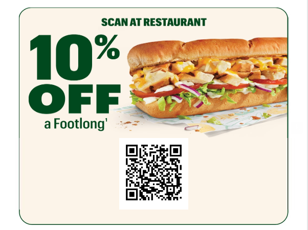 Subway Coupon - 10% Off a Footlong
In Restaurant Only
Must be a Subclub Member (free to join)
Check My Rewards after logging in
At participating locations.
At participating locations.