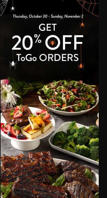 Firebirds Wood Fired Grill Coupon - Get 20% off To Go orders now through November 2 with promo code SPOOKY20
At participating locations.