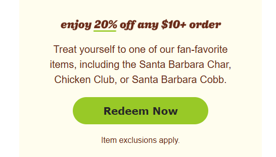 The Habit Burger Grill Coupon - Enjoy 20% off your $10+ order for Rewards members. (Free to join)
At participating locations.