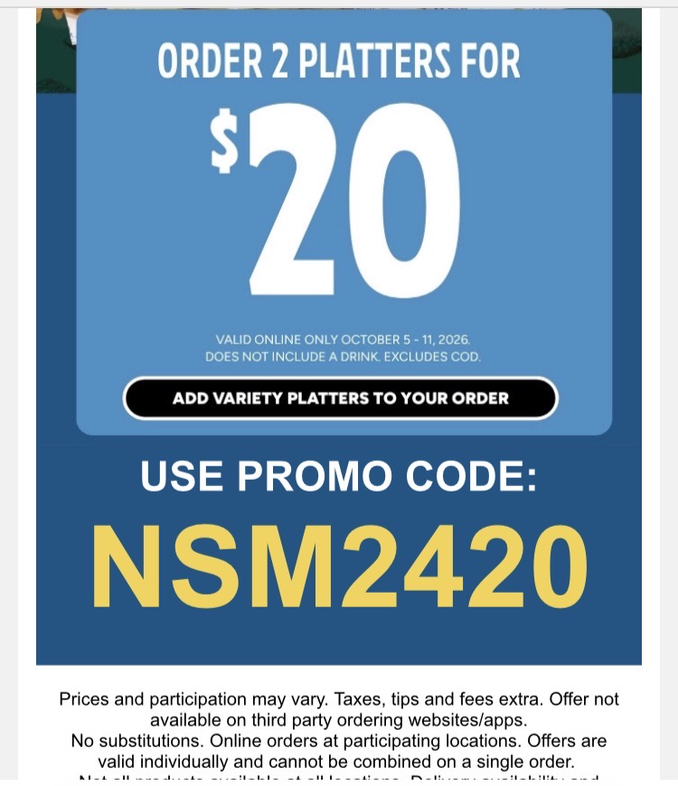 Long John Silver's Coupon - Order 2 platters for $20 by using code: NSM2420