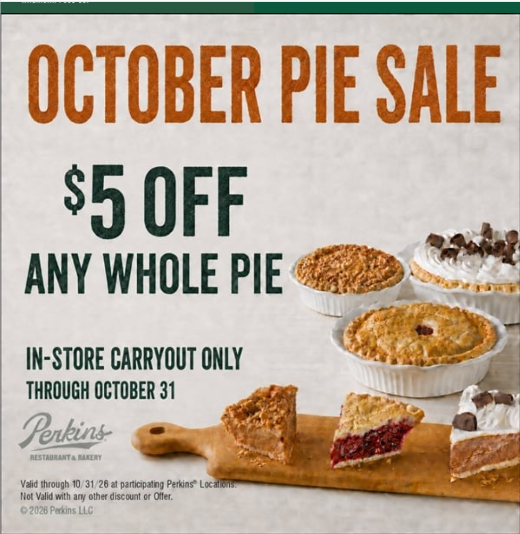 Perkins Family Restaurant & Bakery Coupon - $5 off any whole pie, in store carryout online
At participating locations.