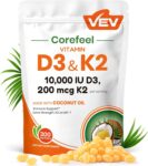 VEV Vitamin D3 K2 10,000 IU, 200 mcg K2, 300 Coconut Oil Softgels Sale