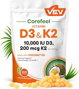 VEV Vitamin D3 K2 10,000 IU, 200 mcg K2, 300 Coconut Oil Softgels Sale